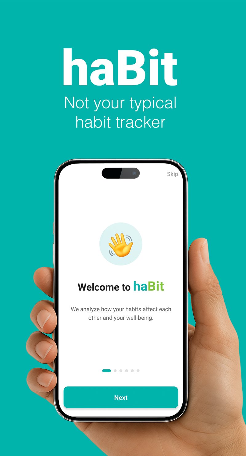 haBit welcome onboarding screen with waving hand emoji greeting message explaining we analyze how your habits affect each other and your well-being