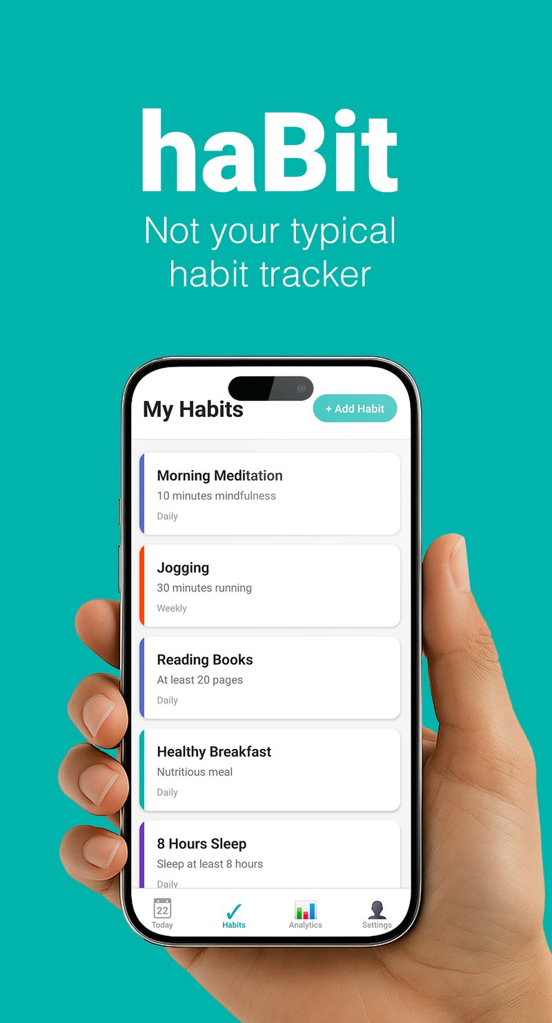 haBit my habits list screen showing morning meditation 10 minutes jogging 30 minutes reading books 20 pages healthy breakfast and 8 hours sleep with colorful habit indicators and add habit button